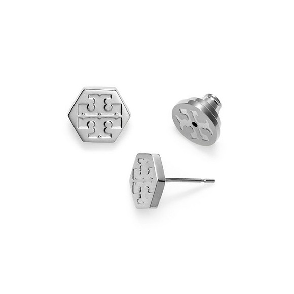 NWT TORY BURCH SILVER HEX LOGO STUD EARRINGS!! - Picture 1 of 5